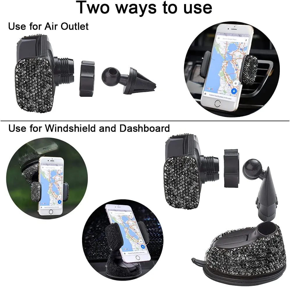 Bling Car Phone Holder, 360°Adjustable Crystal Auto Phone Mount Universal Rhinestone Car Stand Phone Holder Car Accessories for Windshield Dashboard and Air Outlet