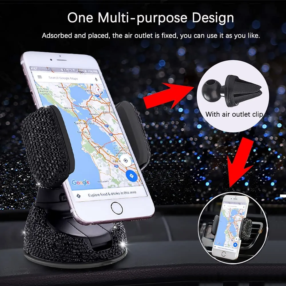 Bling Car Phone Holder, 360°Adjustable Crystal Auto Phone Mount Universal Rhinestone Car Stand Phone Holder Car Accessories for Windshield Dashboard and Air Outlet