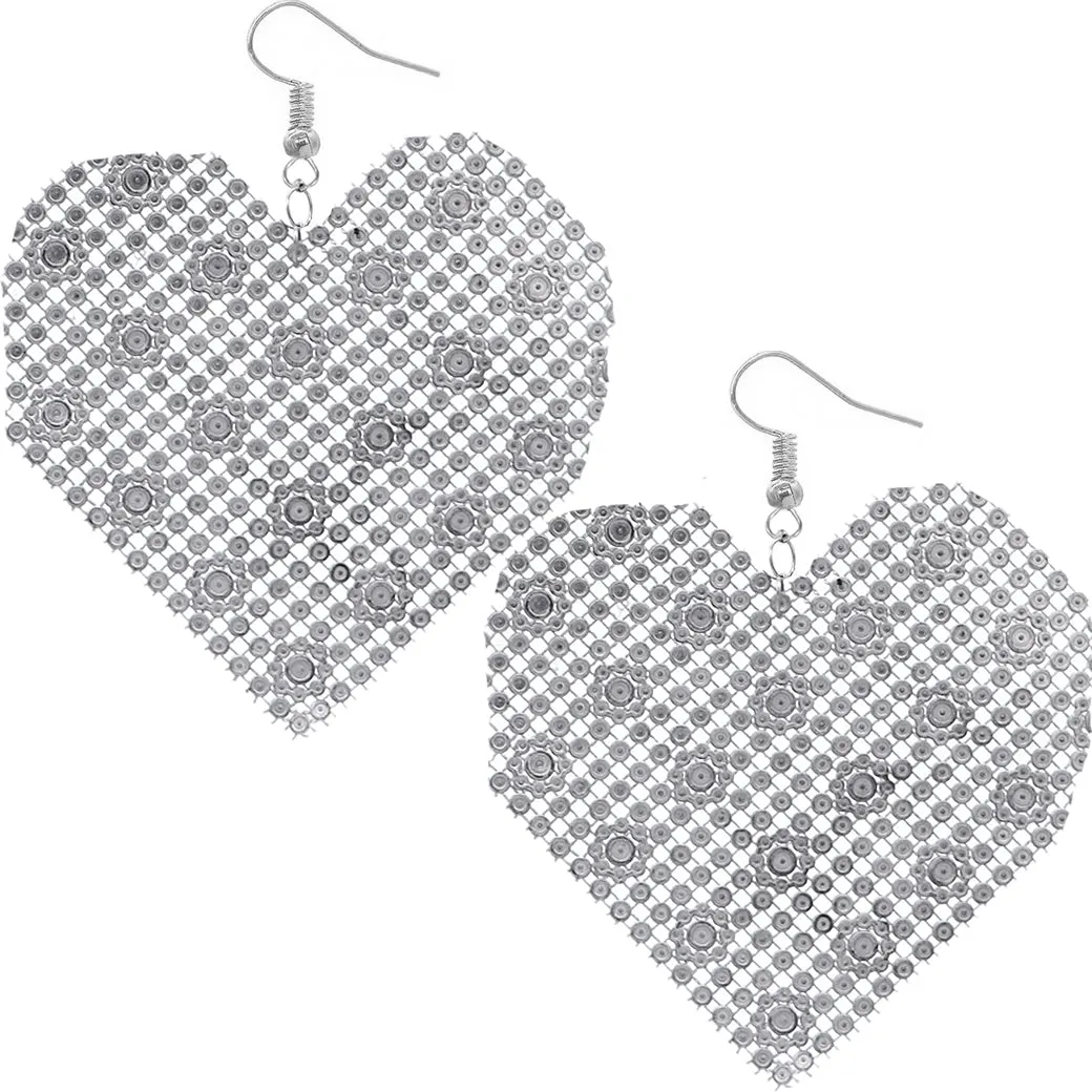 Brown Mesh Rhinestone Heart Earrings