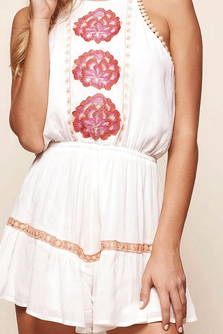 Carnation Embroidered Tie Back Romper White