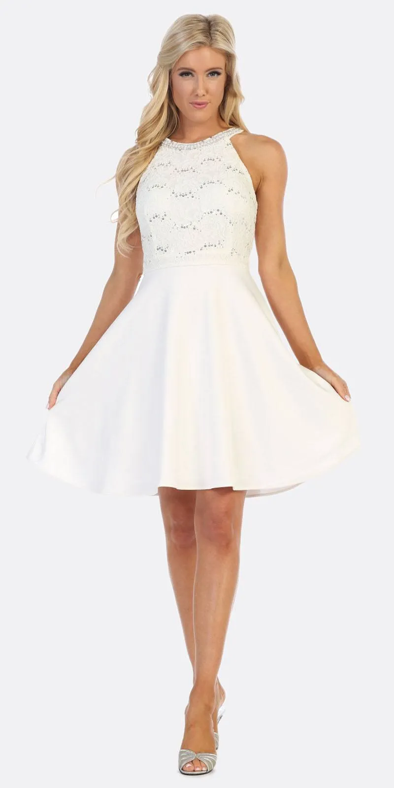 Celavie 6382 Chiffon Lace Top Knee-Length Cocktail Dress
