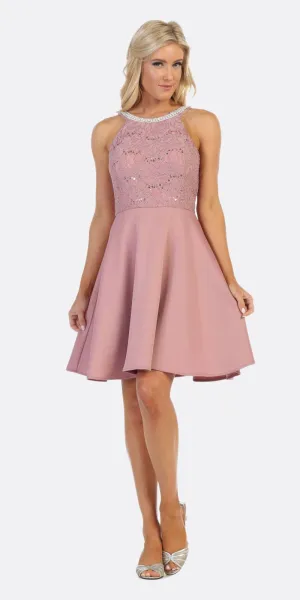 Celavie 6382 Chiffon Lace Top Knee-Length Cocktail Dress