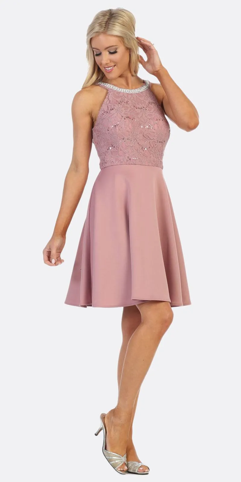 Celavie 6382 Chiffon Lace Top Knee-Length Cocktail Dress