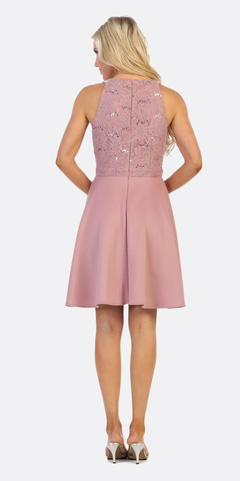 Celavie 6382 Chiffon Lace Top Knee-Length Cocktail Dress