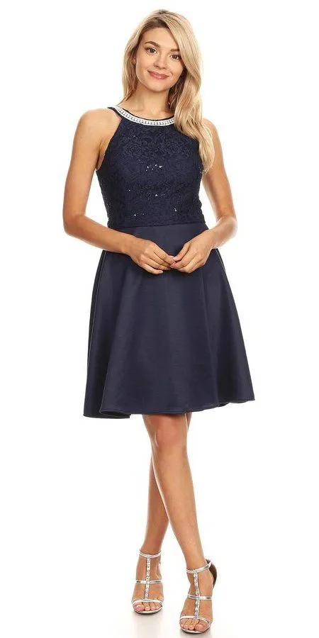 Celavie 6382 Chiffon Lace Top Knee-Length Cocktail Dress