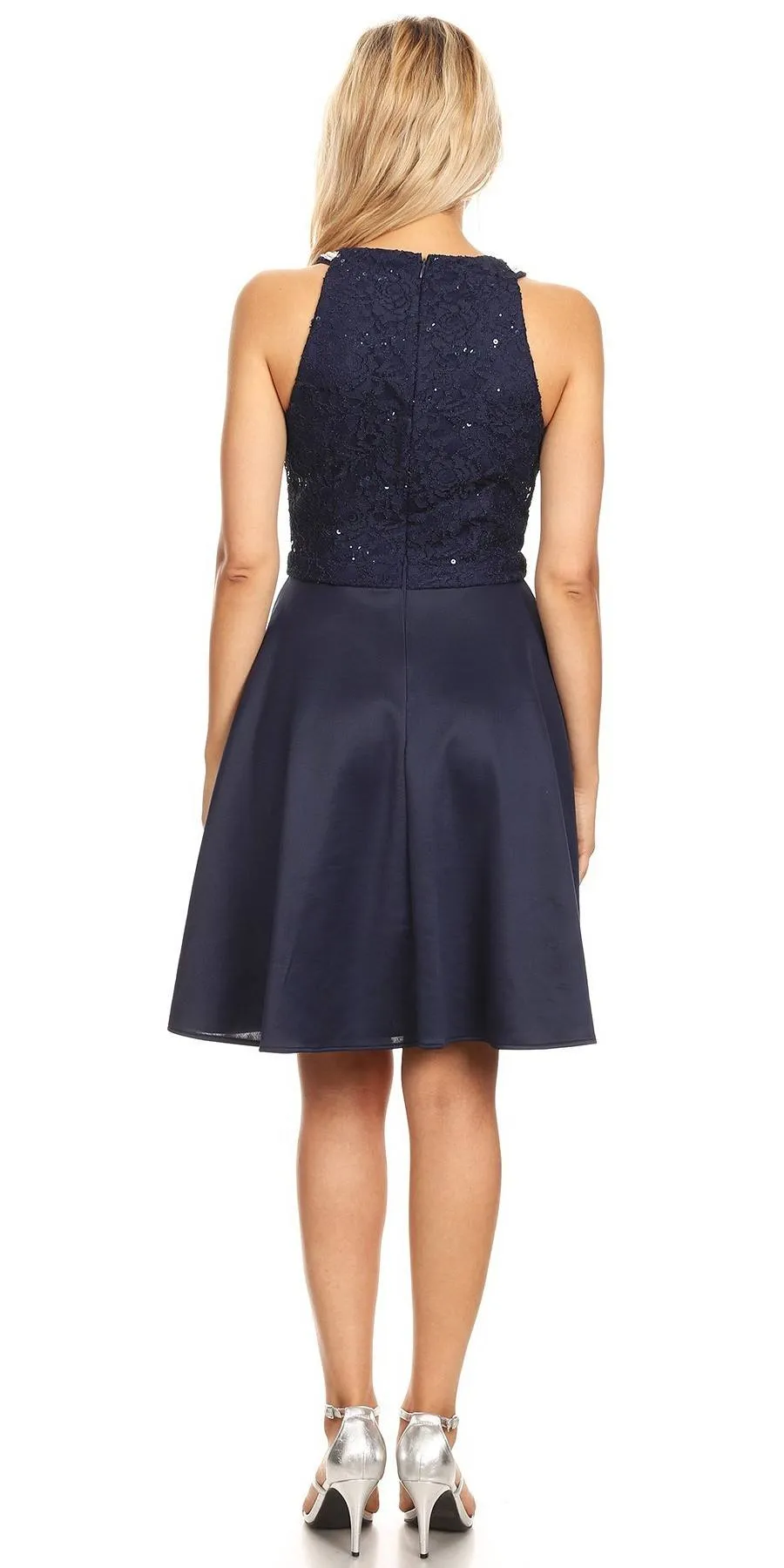 Celavie 6382 Chiffon Lace Top Knee-Length Cocktail Dress