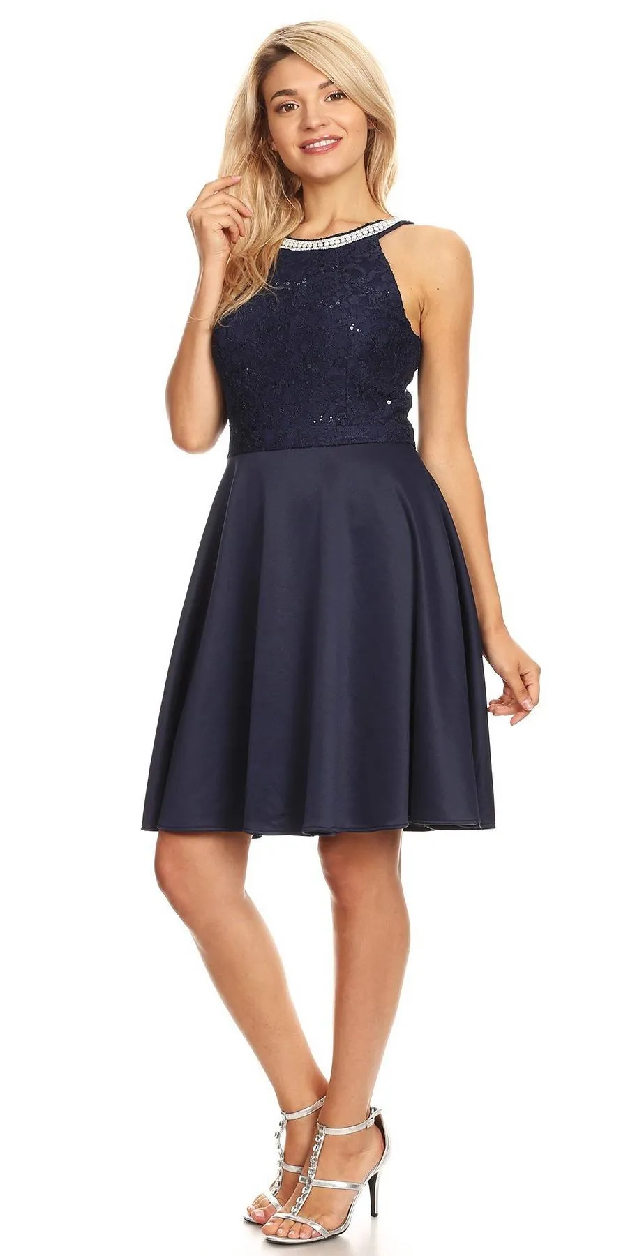Celavie 6382 Chiffon Lace Top Knee-Length Cocktail Dress