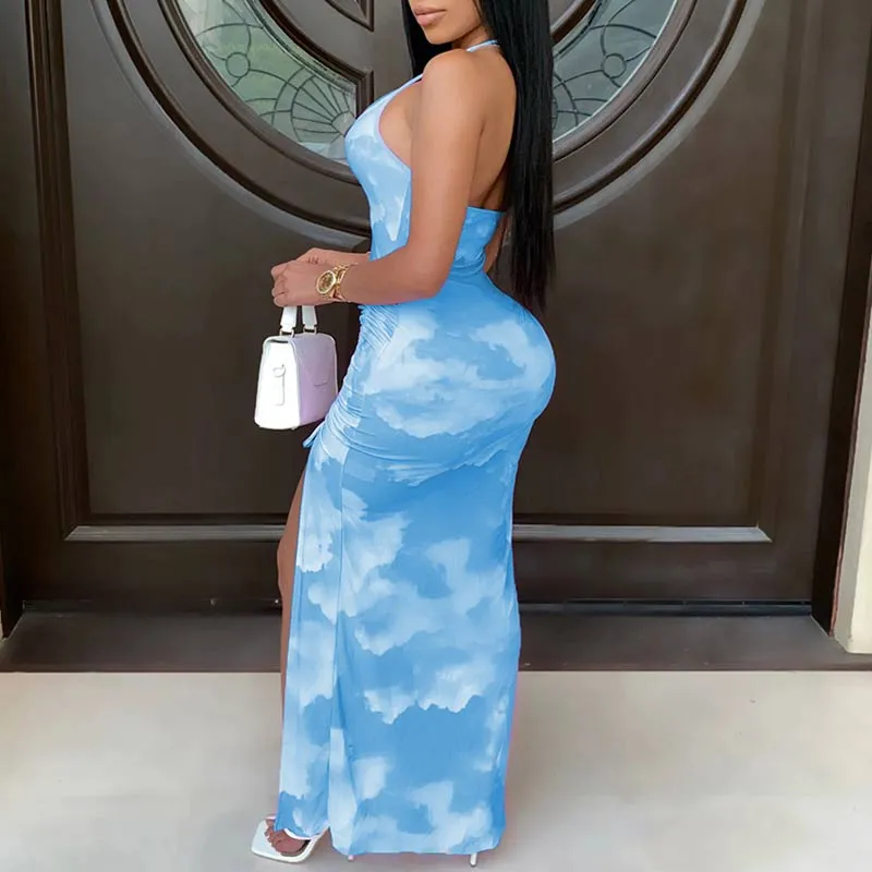Cloud Pattern Backless High Split Maxi Dress