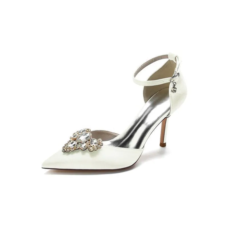 Cocktail Pointed Toe Crystal Buckle Strap Heels
