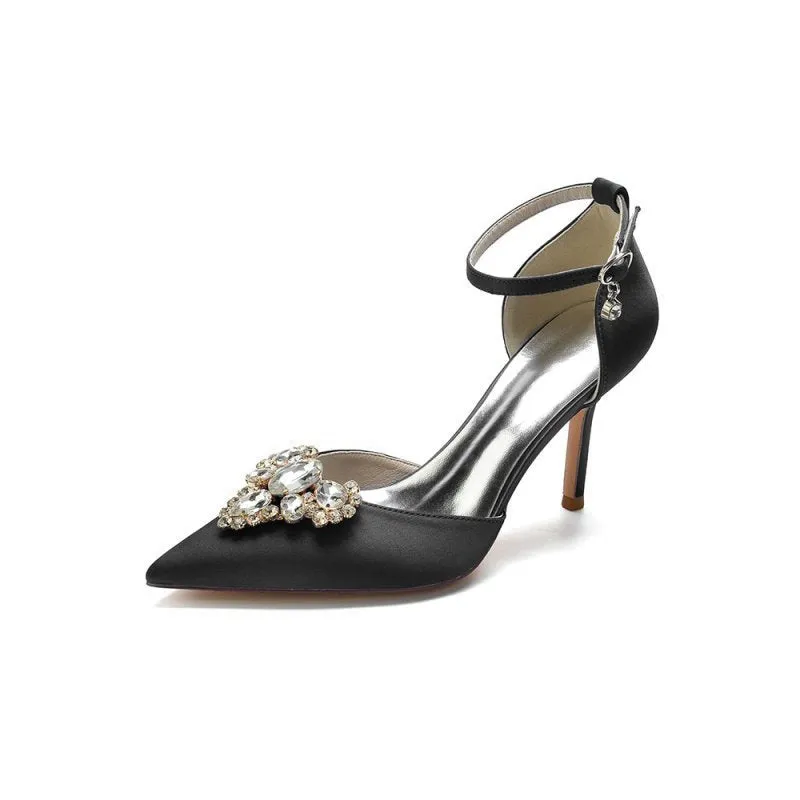 Cocktail Pointed Toe Crystal Buckle Strap Heels