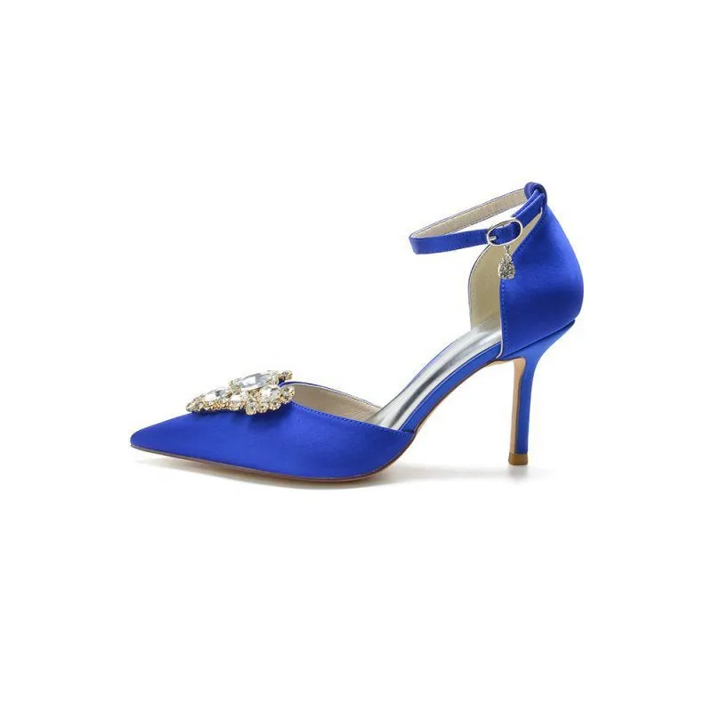 Cocktail Pointed Toe Crystal Buckle Strap Heels