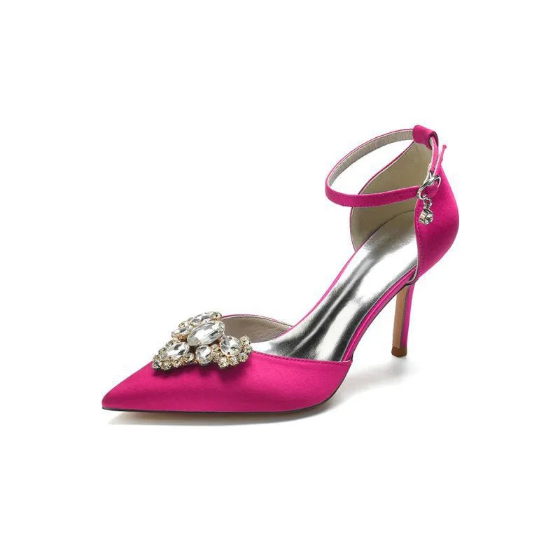 Cocktail Pointed Toe Crystal Buckle Strap Heels