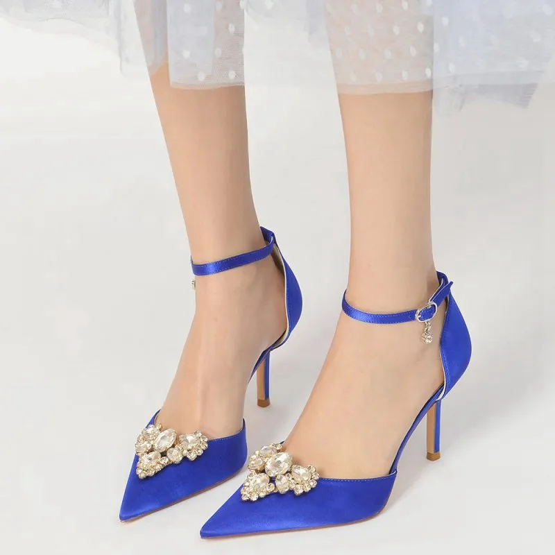 Cocktail Pointed Toe Crystal Buckle Strap Heels