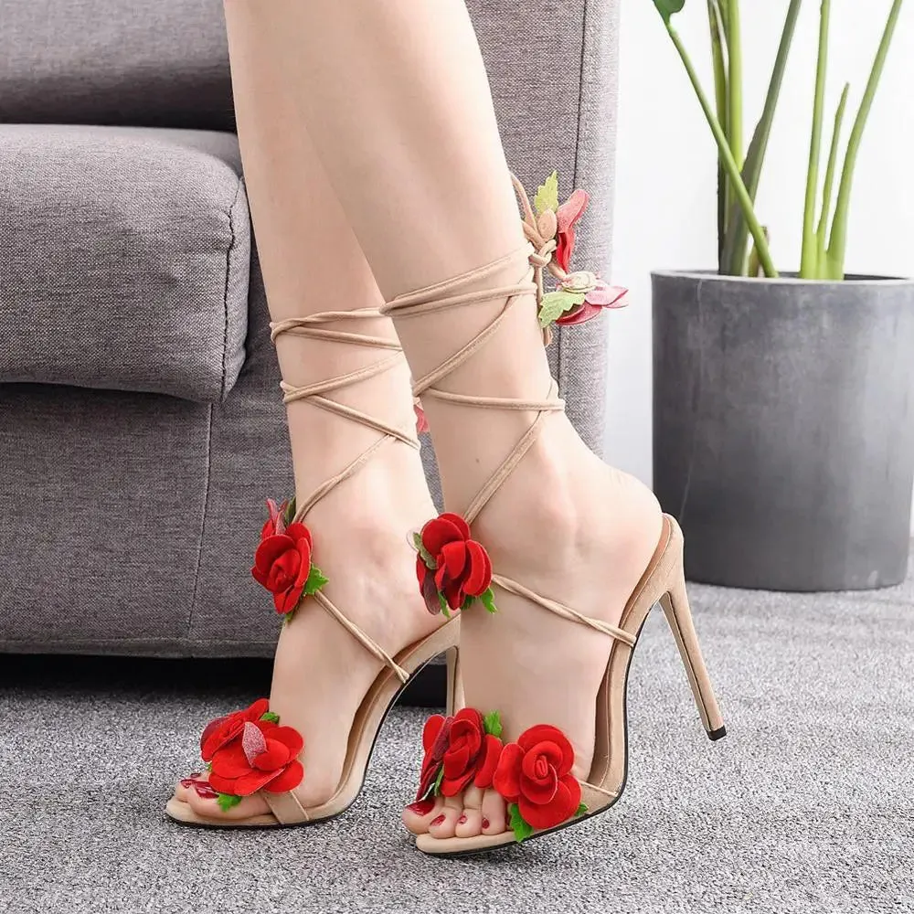 Crystal Queen Women Sandals Red Rose Flower Cross-tie High-heels