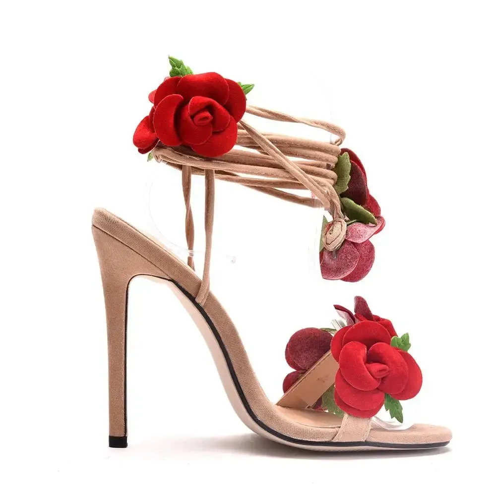 Crystal Queen Women Sandals Red Rose Flower Cross-tie High-heels
