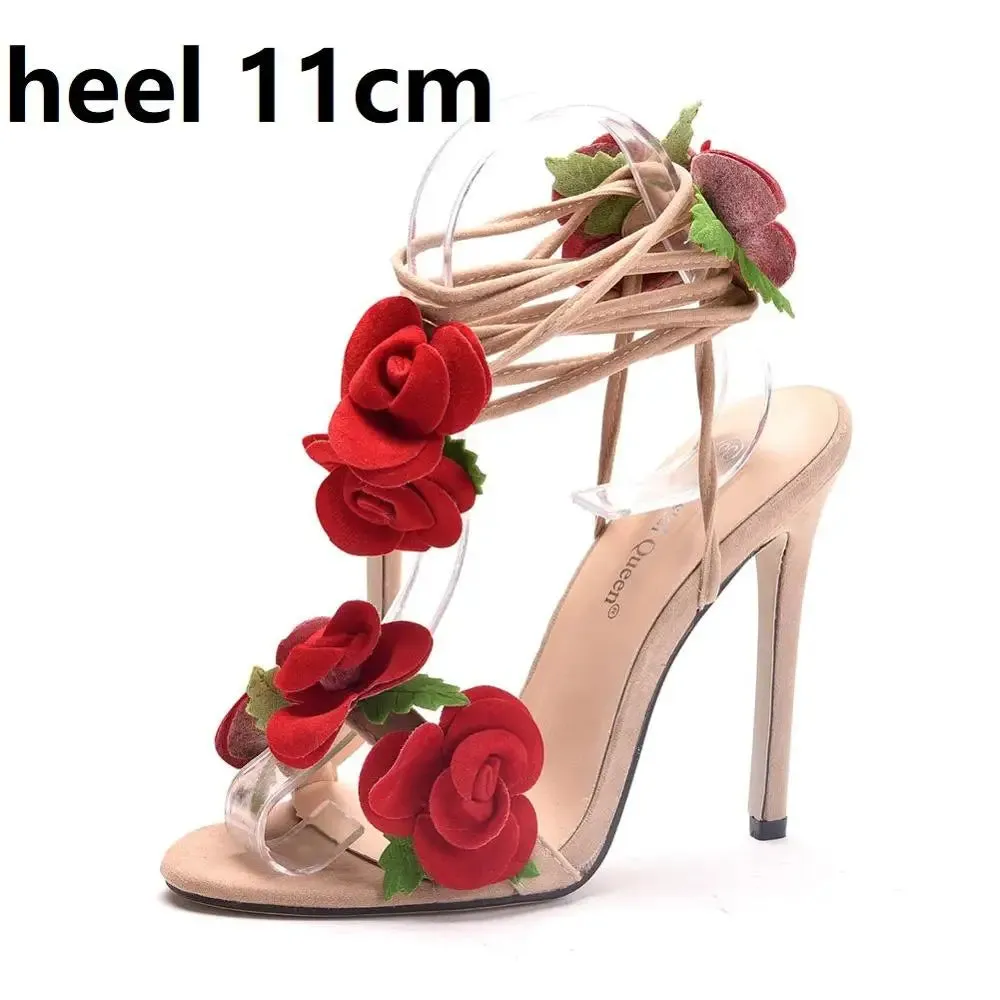 Crystal Queen Women Sandals Red Rose Flower Cross-tie High-heels