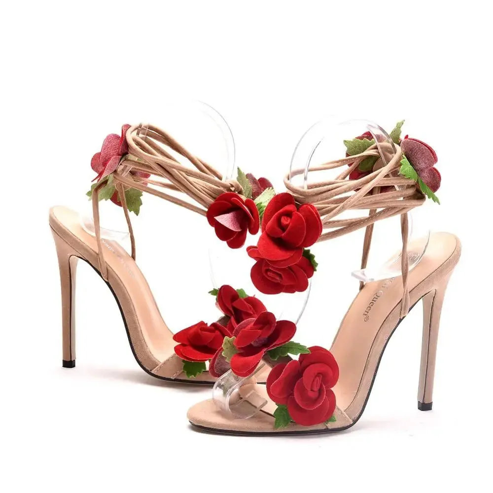 Crystal Queen Women Sandals Red Rose Flower Cross-tie High-heels
