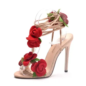 Crystal Queen Women Sandals Red Rose Flower Cross-tie High-heels