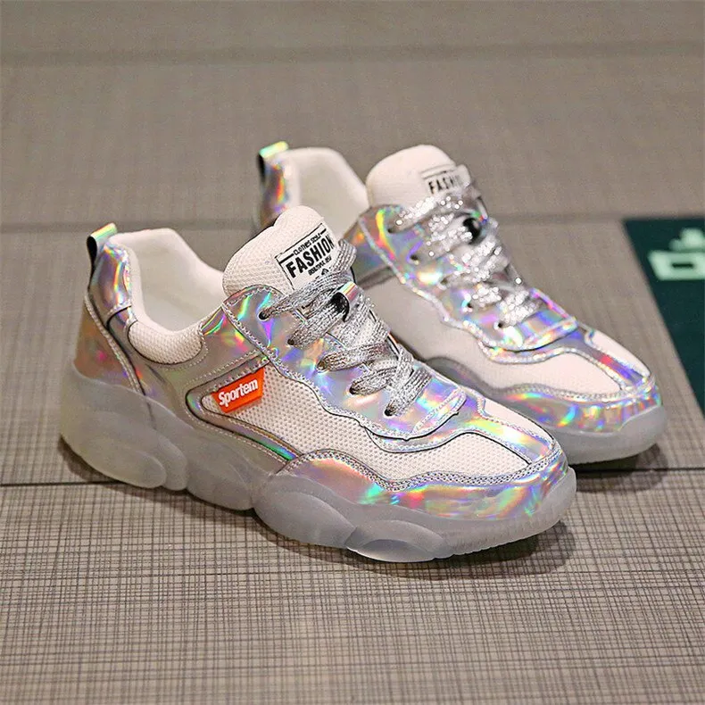 Crystal transparent bottom sports shoes wear non-slip ladies vulcanized shoes solid color bright temperament women's shoes