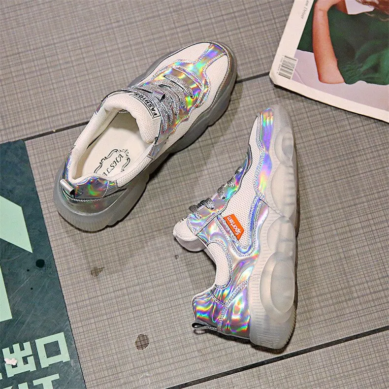 Crystal transparent bottom sports shoes wear non-slip ladies vulcanized shoes solid color bright temperament women's shoes