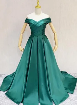 Dark Green A-line Sweetheart Off Shoulder Satin Junior Prom Dress, Green Wedding Party Dress