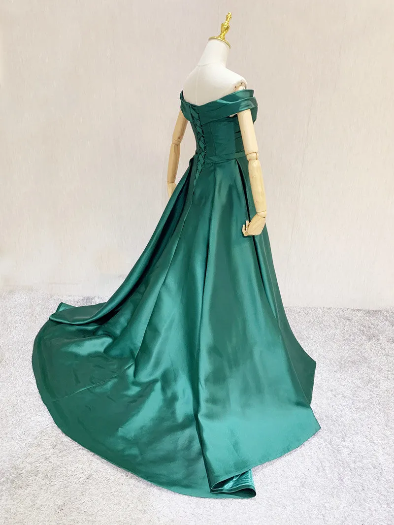 Dark Green A-line Sweetheart Off Shoulder Satin Junior Prom Dress, Green Wedding Party Dress
