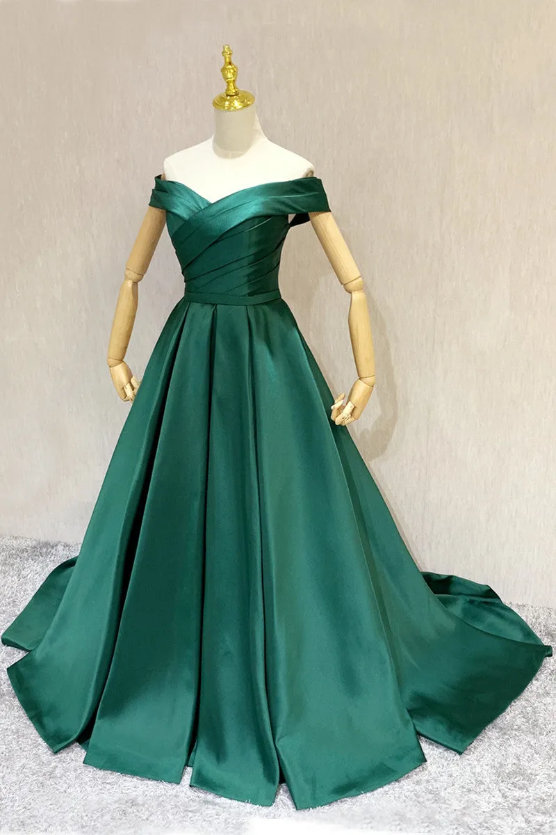 Dark Green A-line Sweetheart Off Shoulder Satin Junior Prom Dress, Green Wedding Party Dress