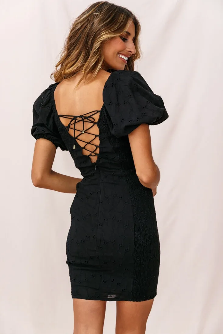 Darling Puff Sleeve Shirred Dress Black