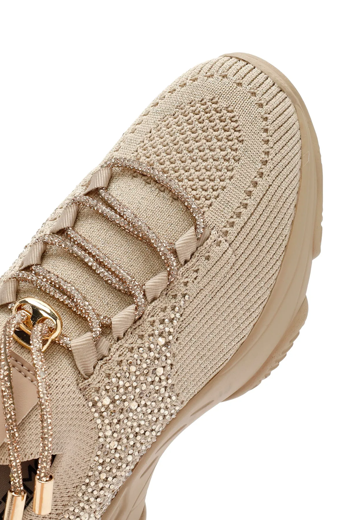 Derimod Zero Kadın Bej Bağcıklı Taş Detaylı Kumaş Sneaker