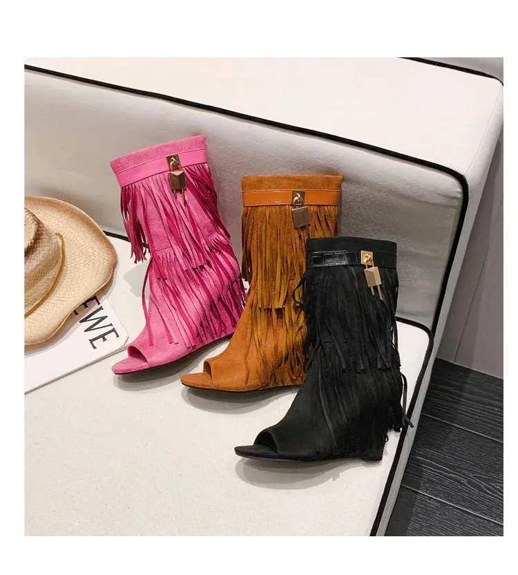 Designer Fringe Wedges Boot Sandals Woman High Heels Open Toe Party Prom Shoes Sexy Zipper Female Pumps Women Boots