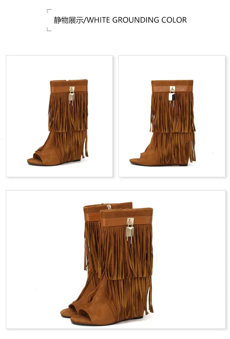 Designer Fringe Wedges Boot Sandals Woman High Heels Open Toe Party Prom Shoes Sexy Zipper Female Pumps Women Boots