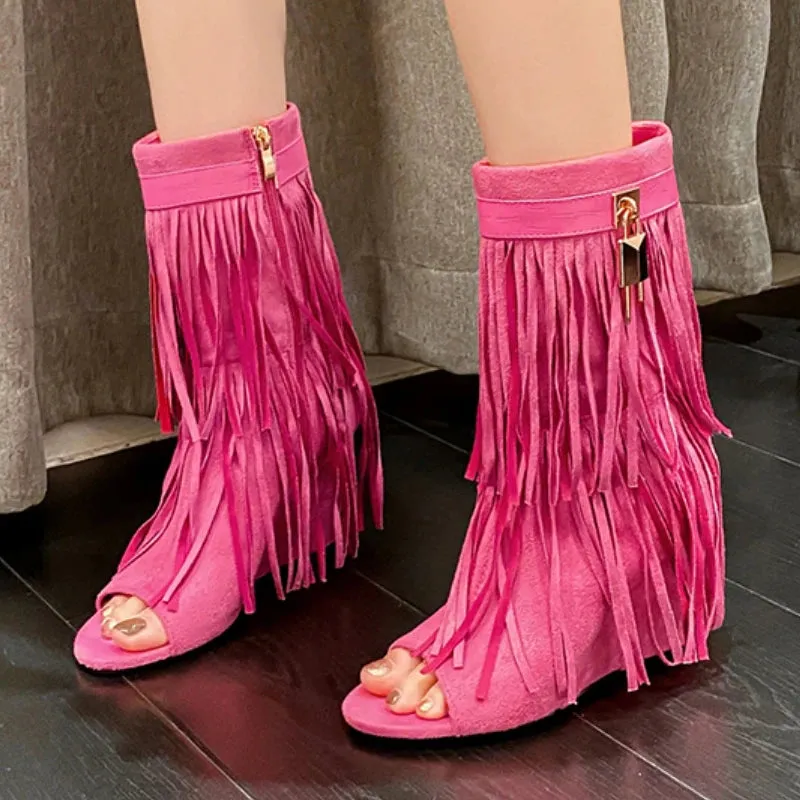 Designer Fringe Wedges Boot Sandals Woman High Heels Open Toe Party Prom Shoes Sexy Zipper Female Pumps Women Boots