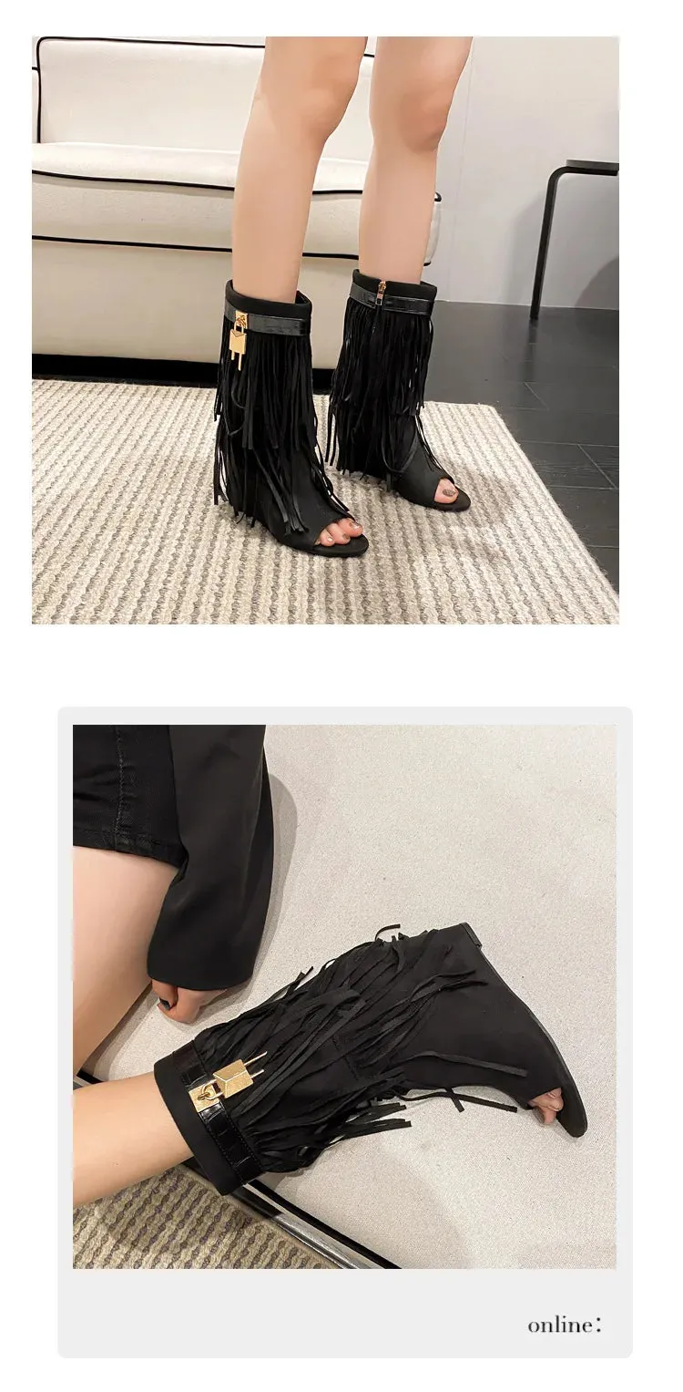 Designer Fringe Wedges Boot Sandals Woman High Heels Open Toe Party Prom Shoes Sexy Zipper Female Pumps Women Boots
