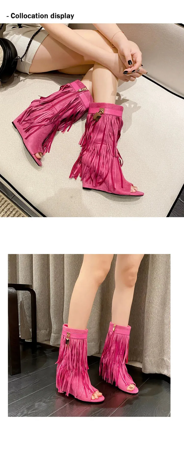 Designer Fringe Wedges Boot Sandals Woman High Heels Open Toe Party Prom Shoes Sexy Zipper Female Pumps Women Boots