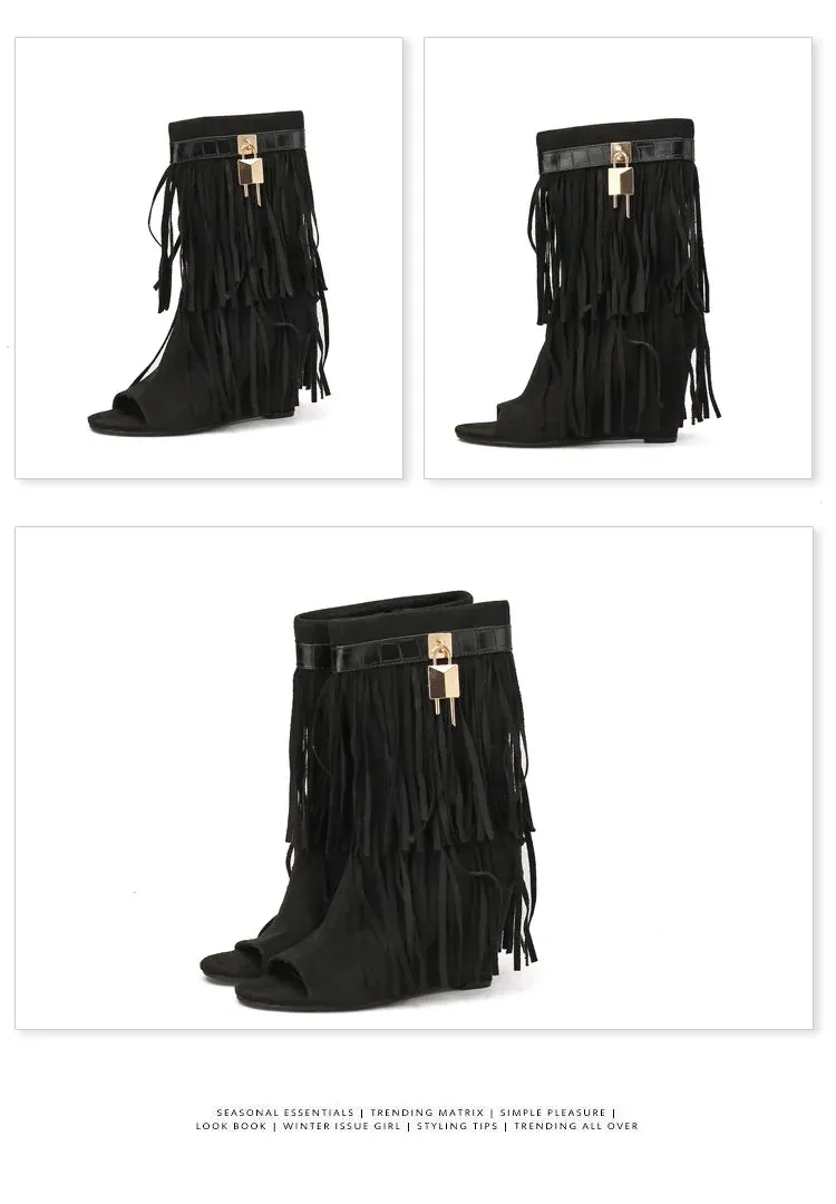 Designer Fringe Wedges Boot Sandals Woman High Heels Open Toe Party Prom Shoes Sexy Zipper Female Pumps Women Boots