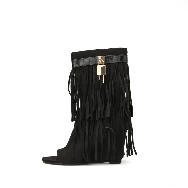 Designer Fringe Wedges Boot Sandals Woman High Heels Open Toe Party Prom Shoes Sexy Zipper Female Pumps Women Boots