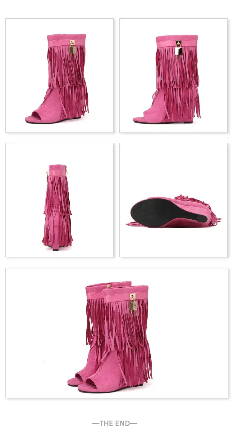 Designer Fringe Wedges Boot Sandals Woman High Heels Open Toe Party Prom Shoes Sexy Zipper Female Pumps Women Boots