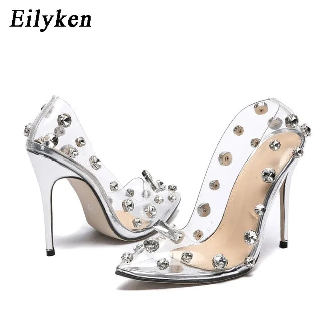 Eilyken 2021 Design Rivet Crystal Pumps Wedding Women Shoes High Heels PVC Transparent Sexy Night Club Femme Shoes
