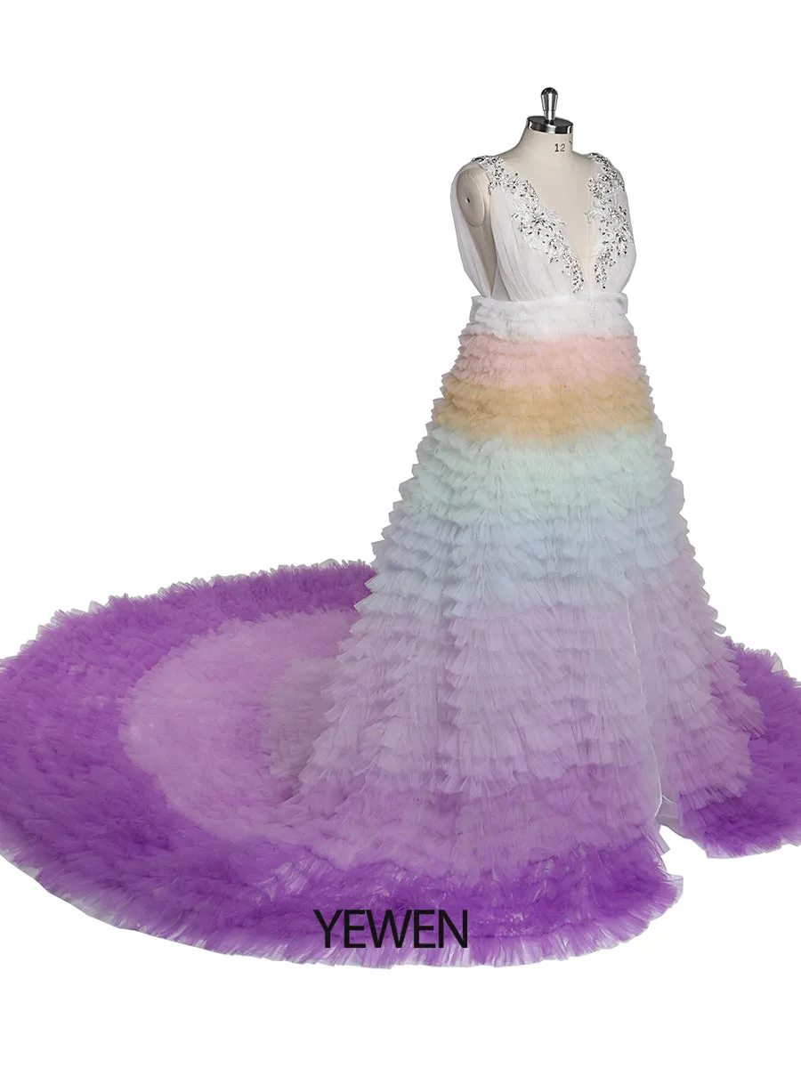 Elegant Rainbow Ruffles Evening Dresses Rhinestone Decoration Tulle Layers Photography Gown YEWEN