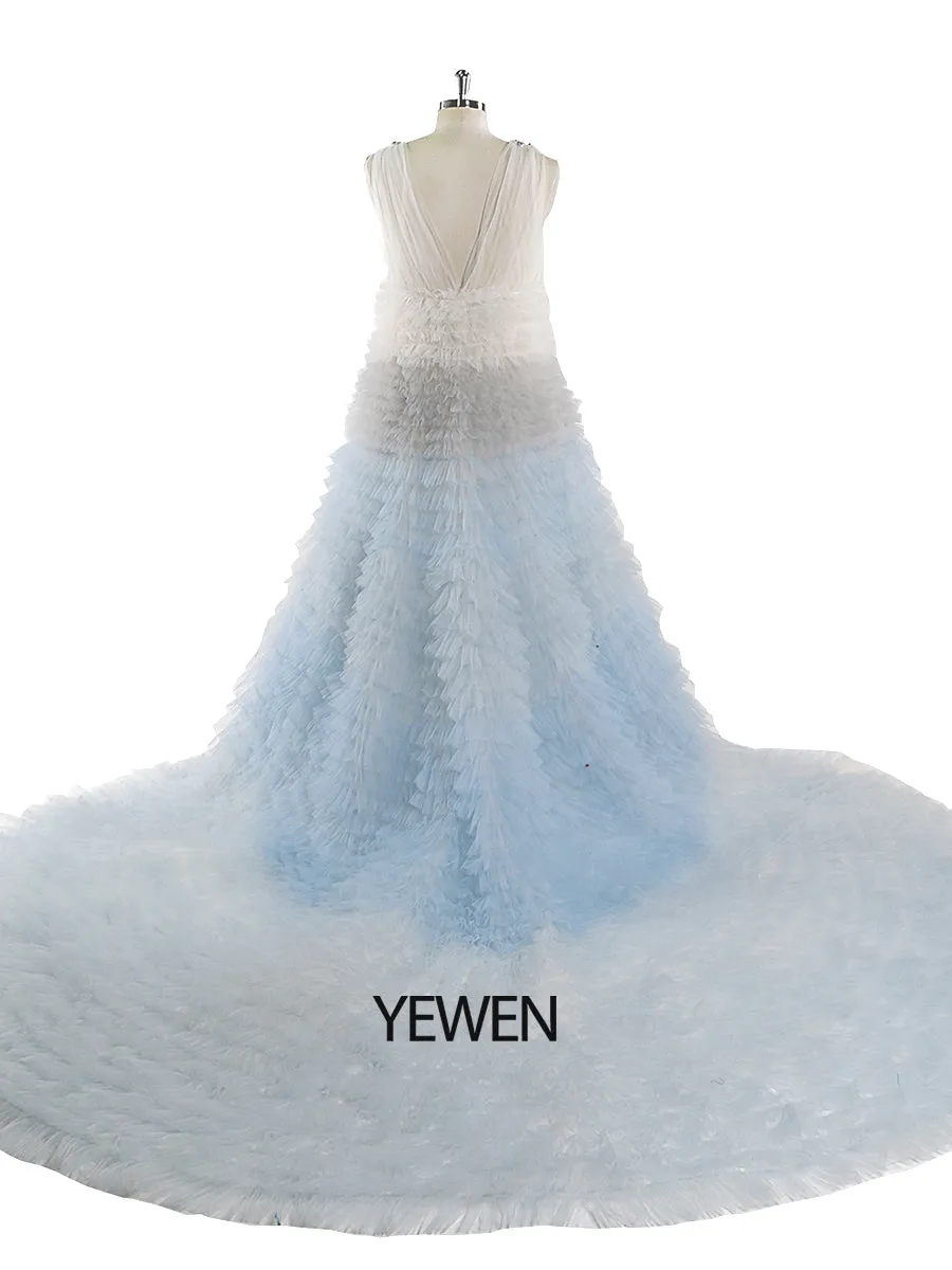 Elegant Rainbow Ruffles Evening Dresses Rhinestone Decoration Tulle Layers Photography Gown YEWEN