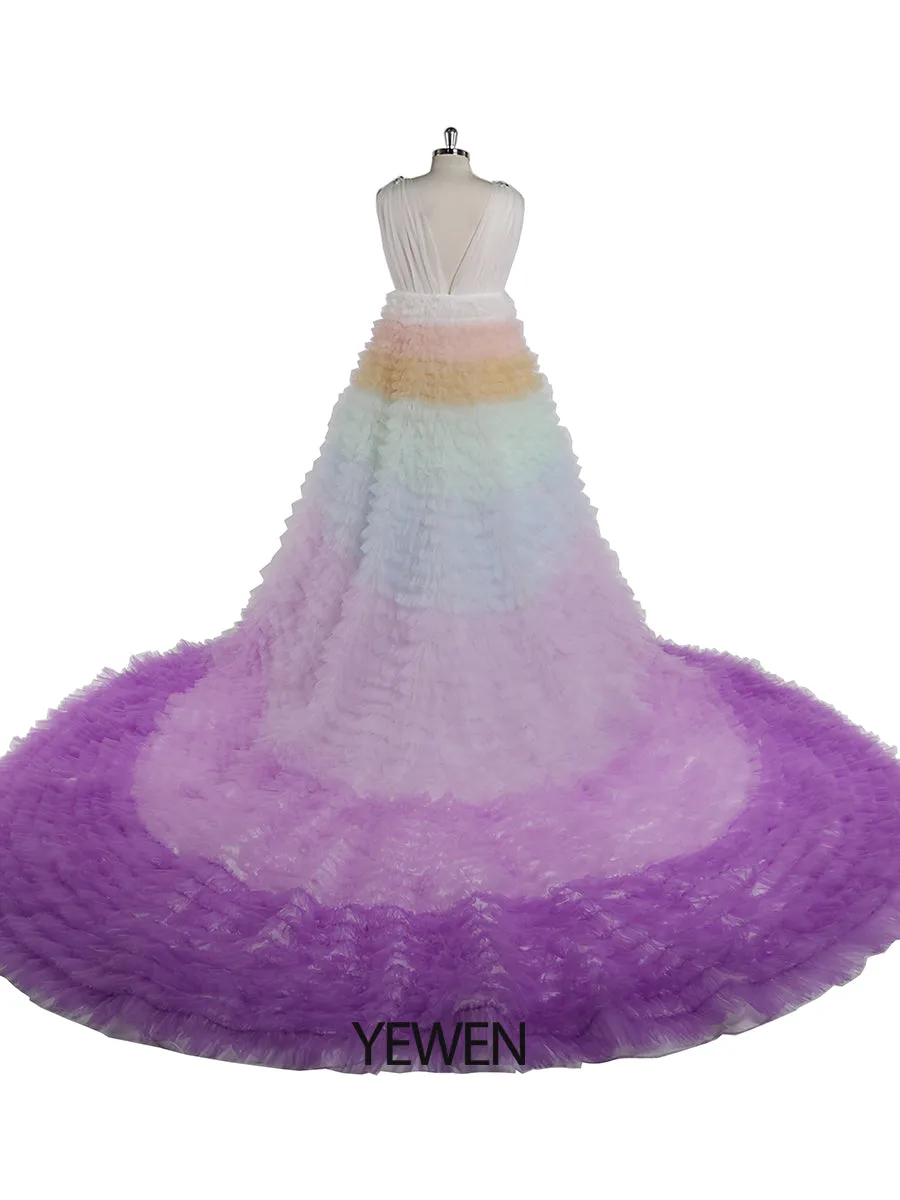 Elegant Rainbow Ruffles Evening Dresses Rhinestone Decoration Tulle Layers Photography Gown YEWEN