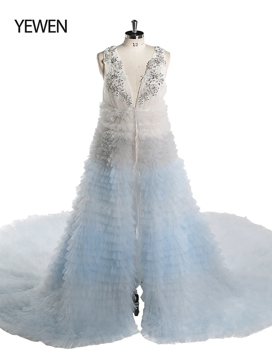 Elegant Rainbow Ruffles Evening Dresses Rhinestone Decoration Tulle Layers Photography Gown YEWEN