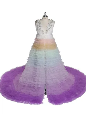 Elegant Rainbow Ruffles Evening Dresses Rhinestone Decoration Tulle Layers Photography Gown YEWEN