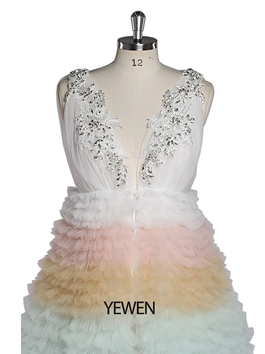 Elegant Rainbow Ruffles Evening Dresses Rhinestone Decoration Tulle Layers Photography Gown YEWEN