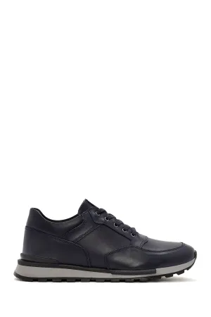 Erkek Lacivert Bağcıklı Deri Casual Sneaker