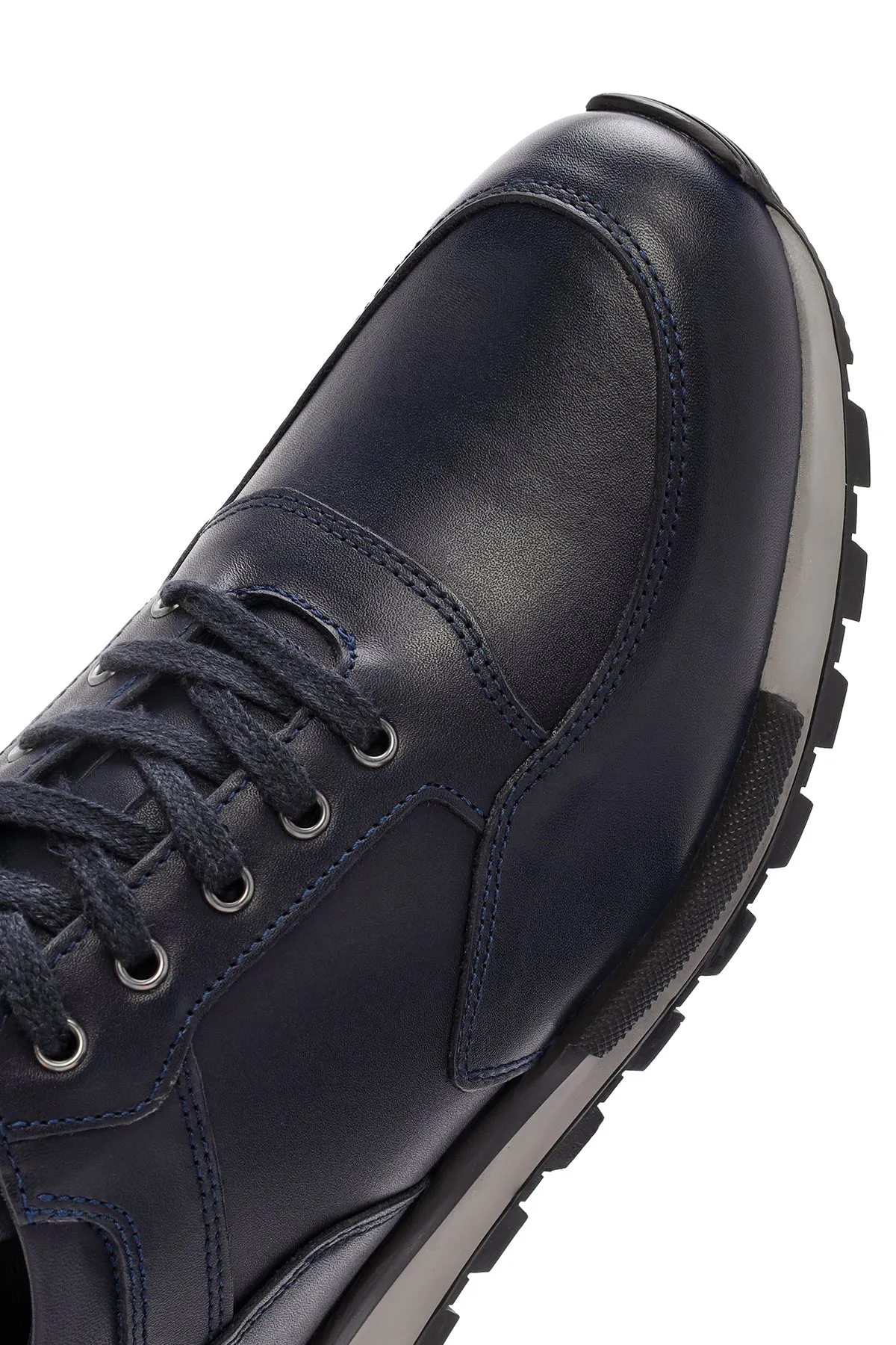 Erkek Lacivert Bağcıklı Deri Casual Sneaker