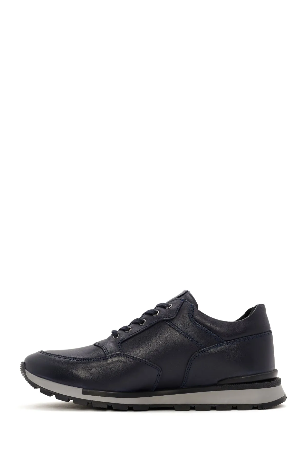 Erkek Lacivert Bağcıklı Deri Casual Sneaker