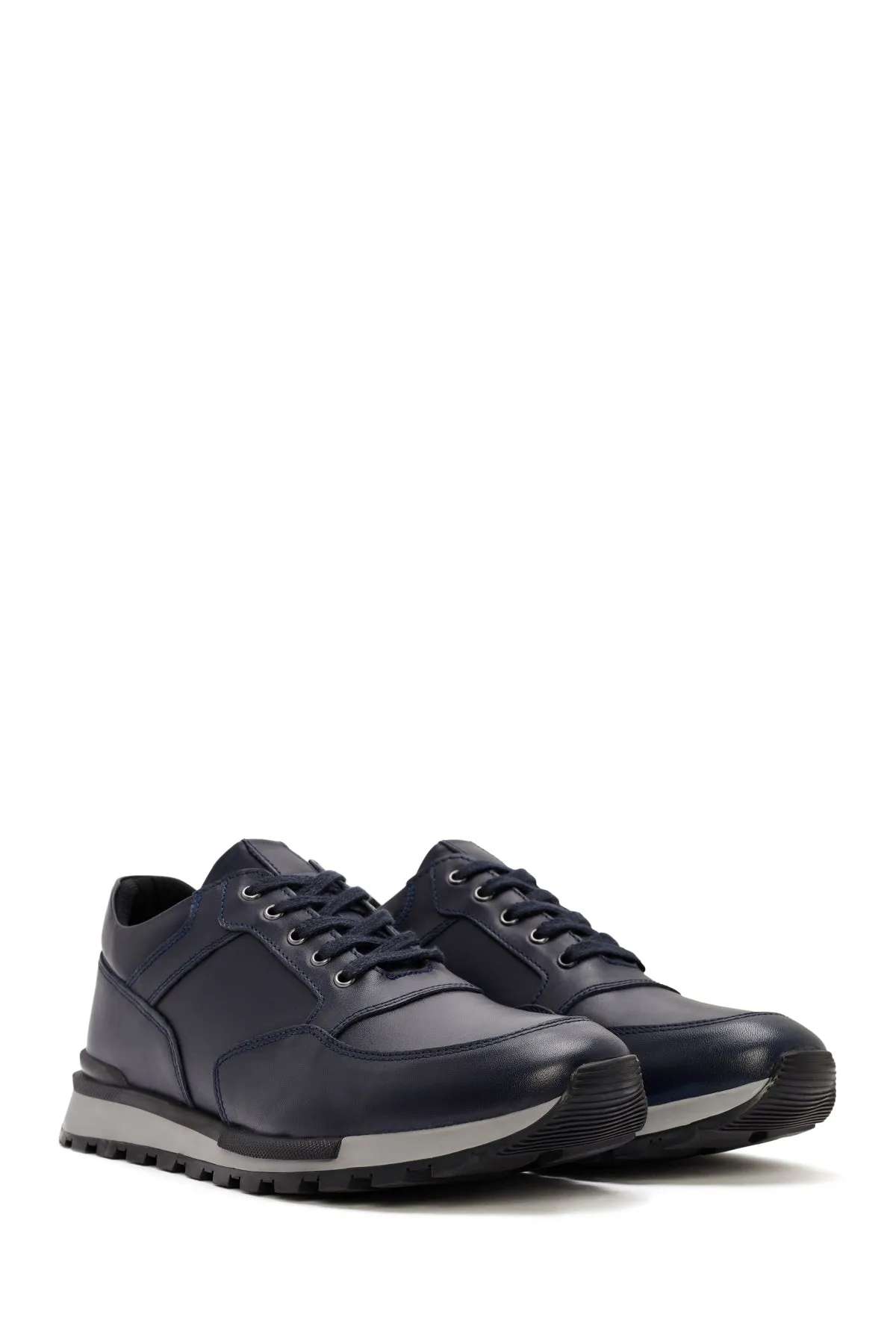 Erkek Lacivert Bağcıklı Deri Casual Sneaker
