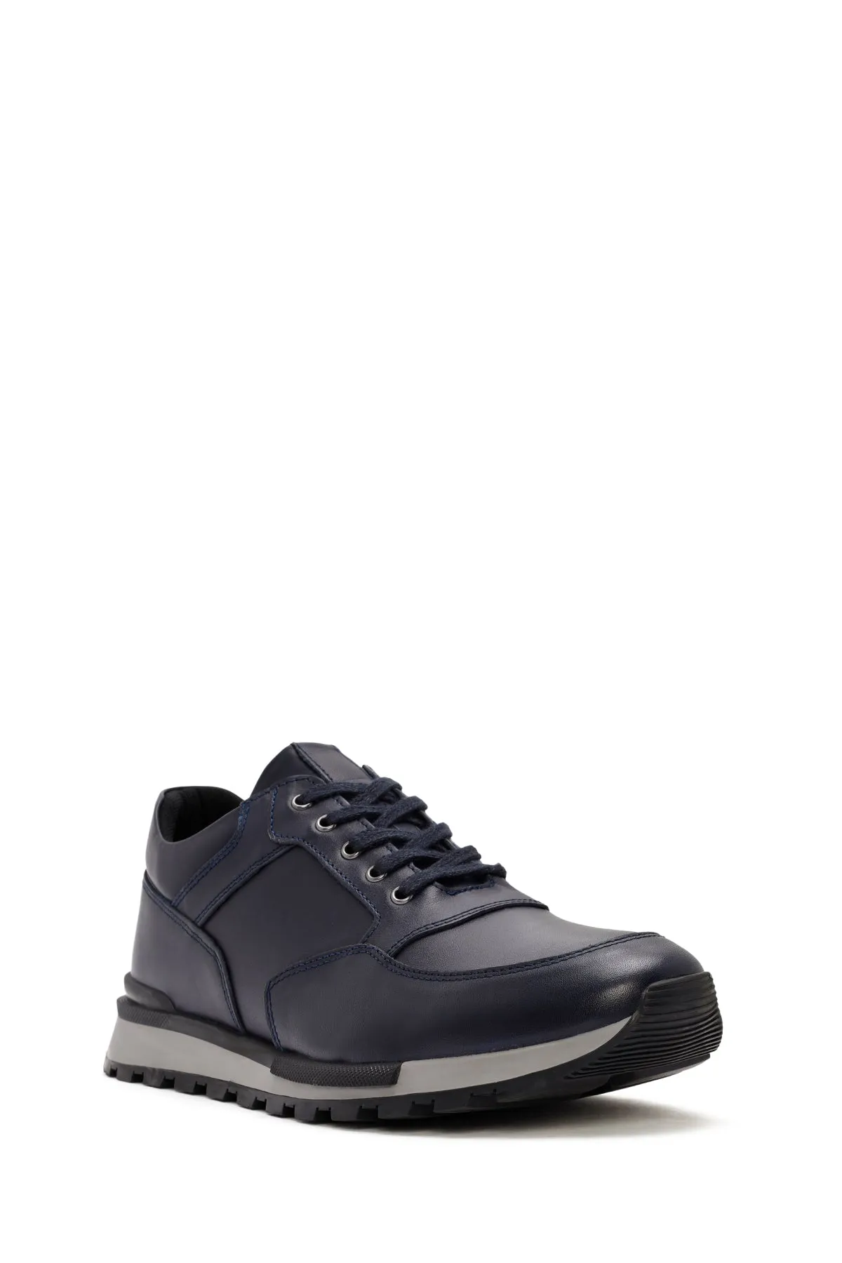 Erkek Lacivert Bağcıklı Deri Casual Sneaker