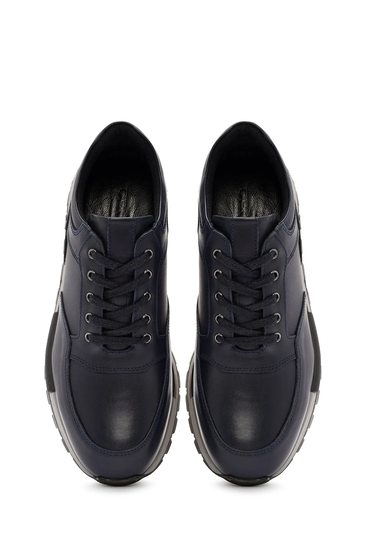 Erkek Lacivert Bağcıklı Deri Casual Sneaker